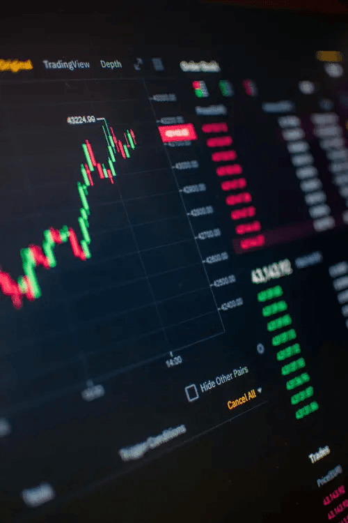 Trading screen showing a candlestick chart and order book with green and red price levels